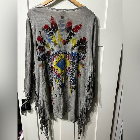 Vocal Sweaters - Vocal Gray Steer head feather rose Bling Fringe Kimono Cardigan
